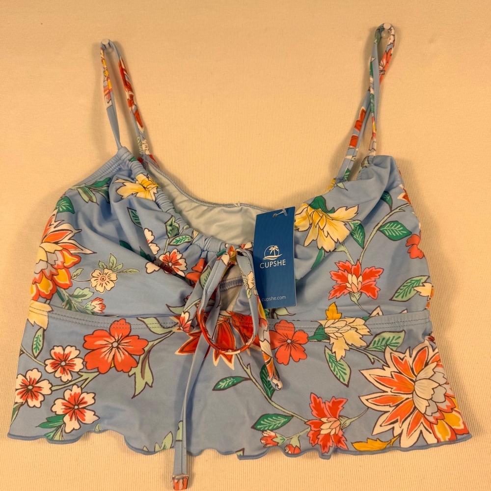 Cupshe Floral Bikini Set S Top M Bottom Blue Orange Ruffle Tie Front High Cut - Picture 12 of 16